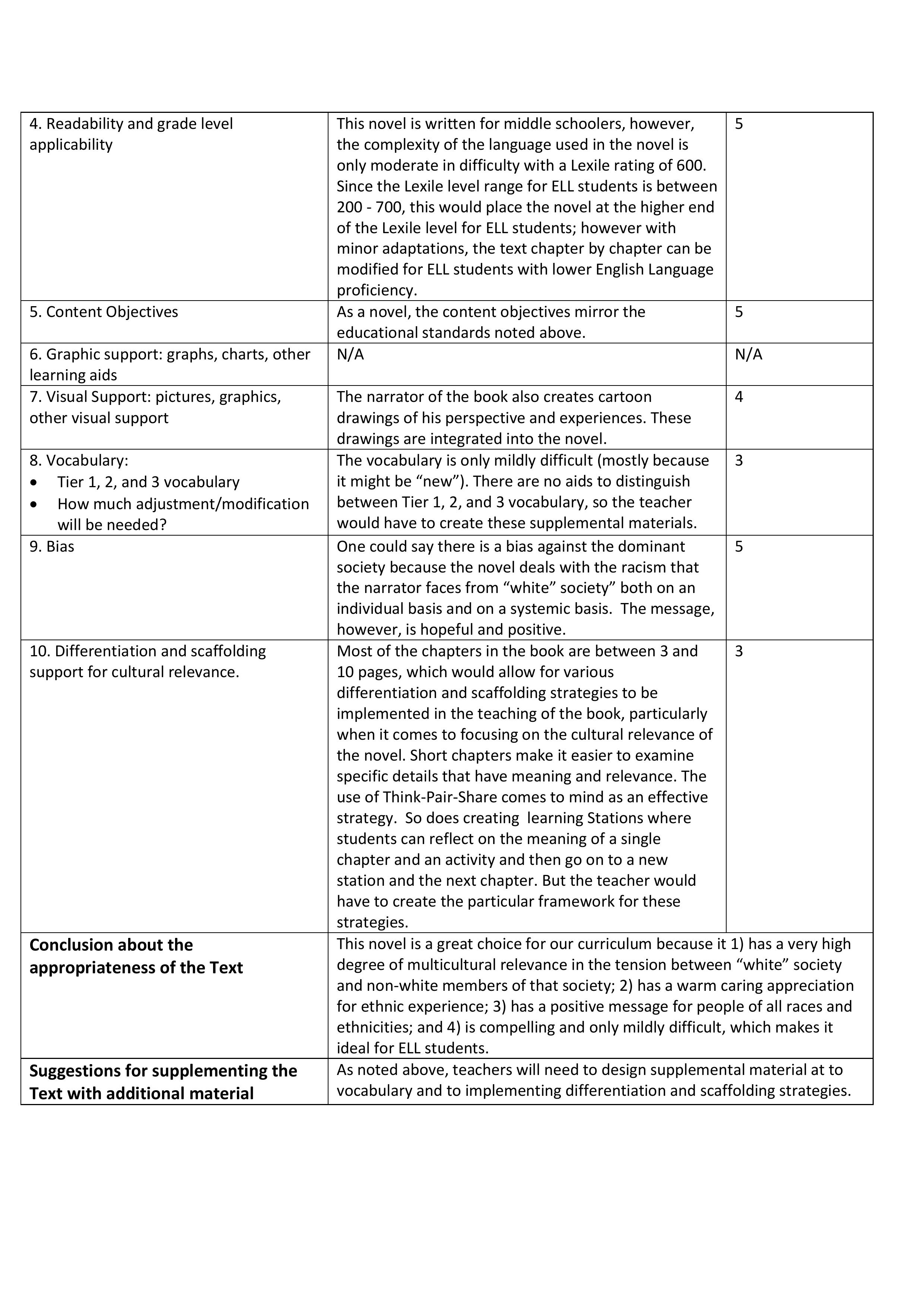 This image contains criteria for evaluating text categories 4 through 10